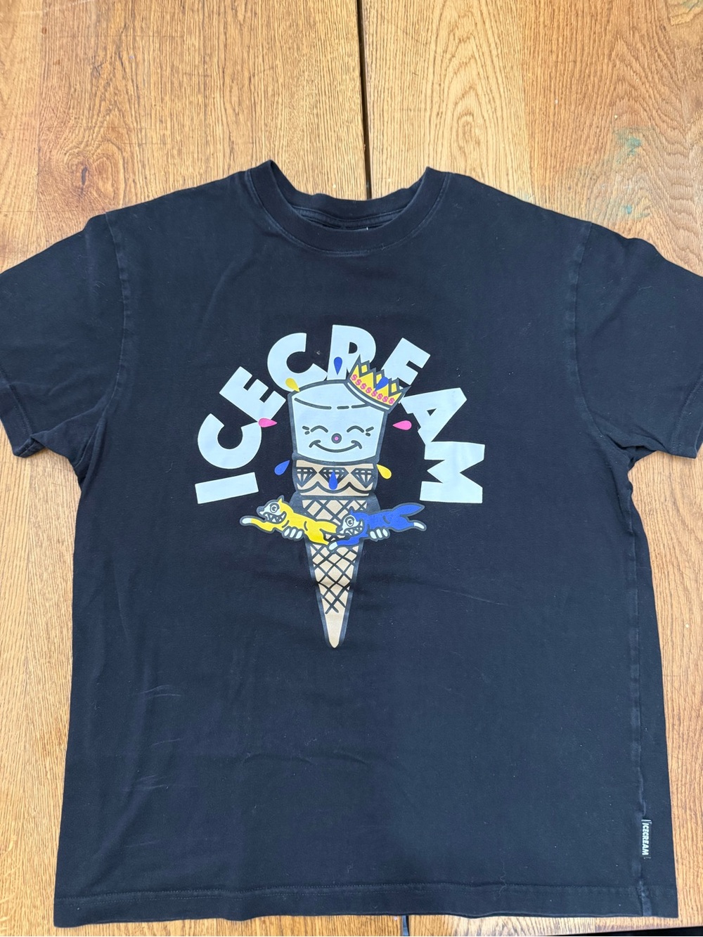 Icecream Black Tee with Pastel Blue, Pink, Yellow & Cream Cone Character